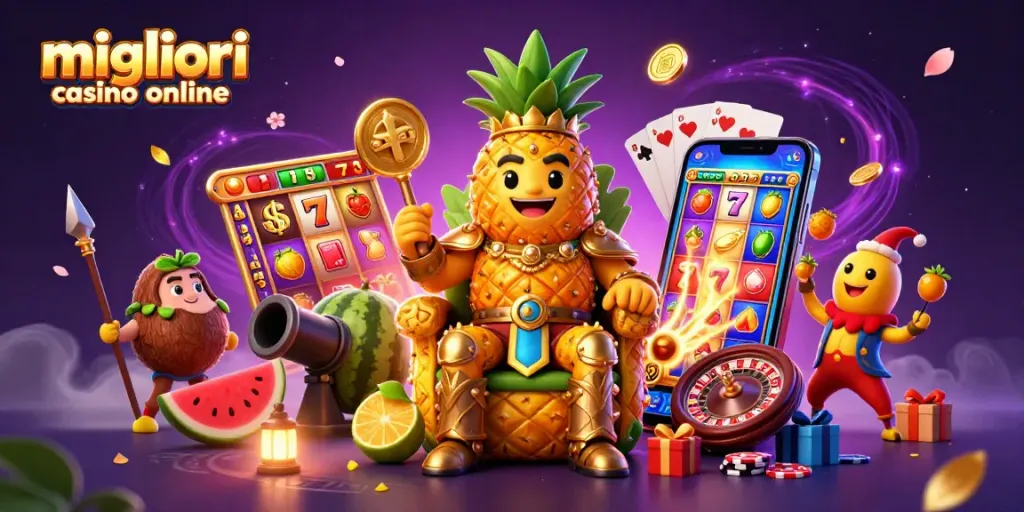 Scopri i migliori casino online con il re ananas e i suoi guardiani in un'illustrazione affascinante.