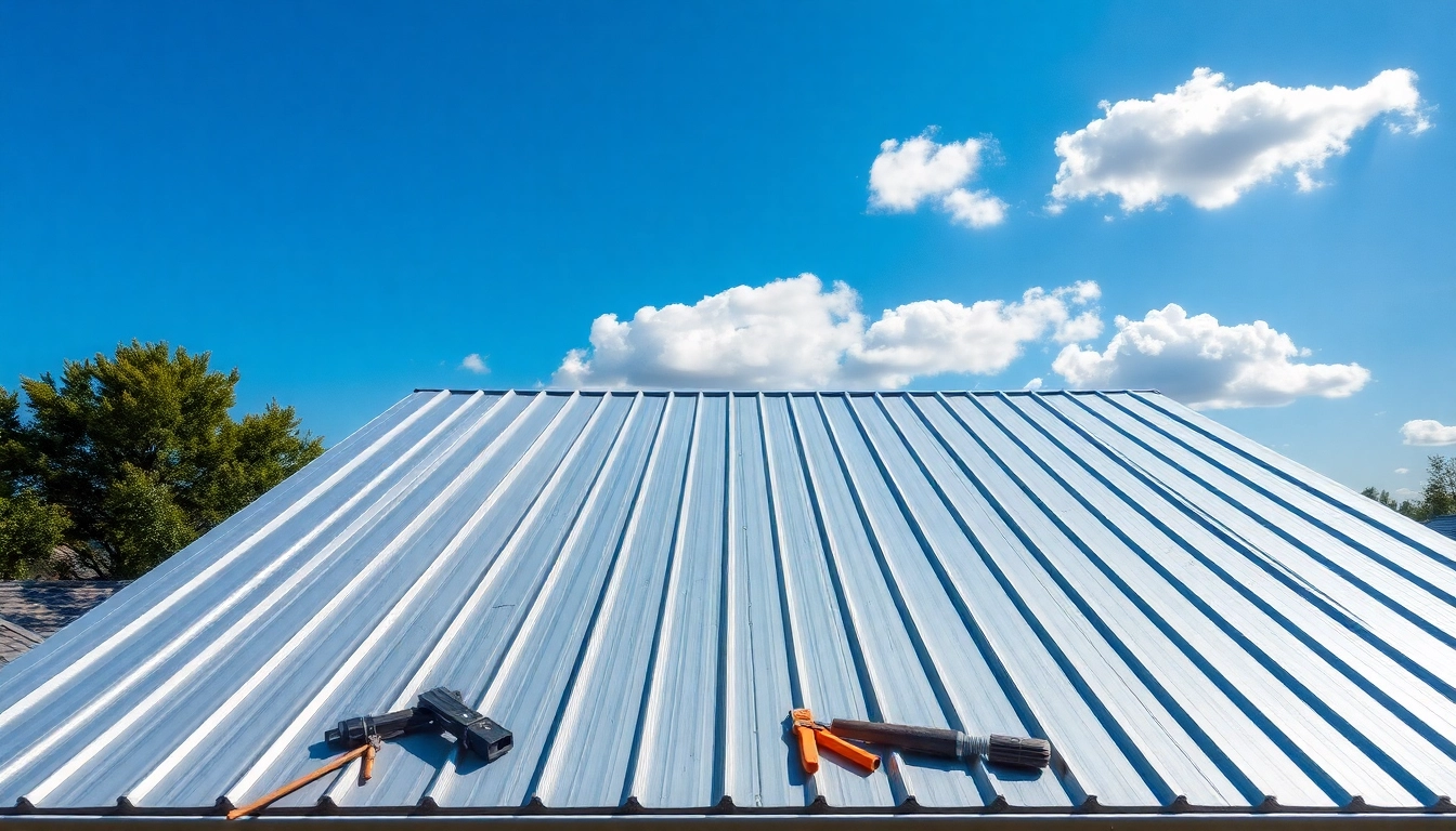 Expertly installed metal roofing glistening under sunlight, enhancing a suburban home's appeal.