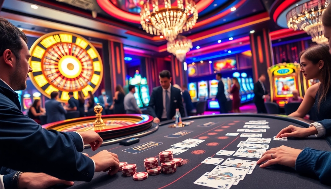 Gamblers enjoy a thrilling game at an OKFUN casino table with vibrant poker chips and cards.