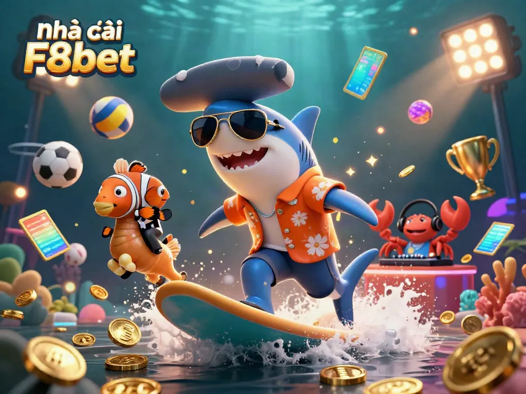 Experience gaming excitement with Nhà cái F8bet as a colorful shark surfs on gold coins amidst vibrant betting elements.