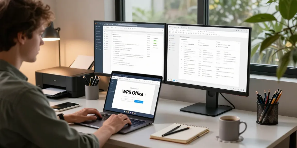 Download WPS Office in a modern home office with dual monitors and natural lighting