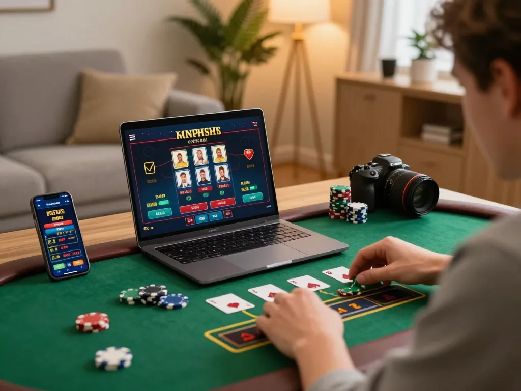 Engaging online gaming moment at home, exploring F8BET features for responsible bets.