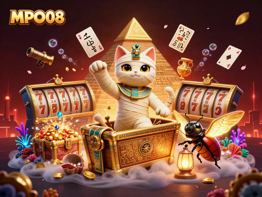 MPO08's 3D cartoon mummy cat bursts from a sarcophagus in a vibrant casino scene with slot elements.