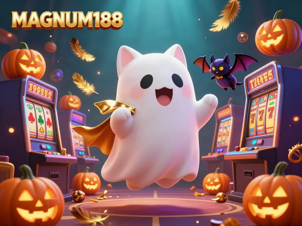 Experience MAGNUM188's vibrant casino with a friendly ghost cat and a vampire bat in a magical gambling scene.