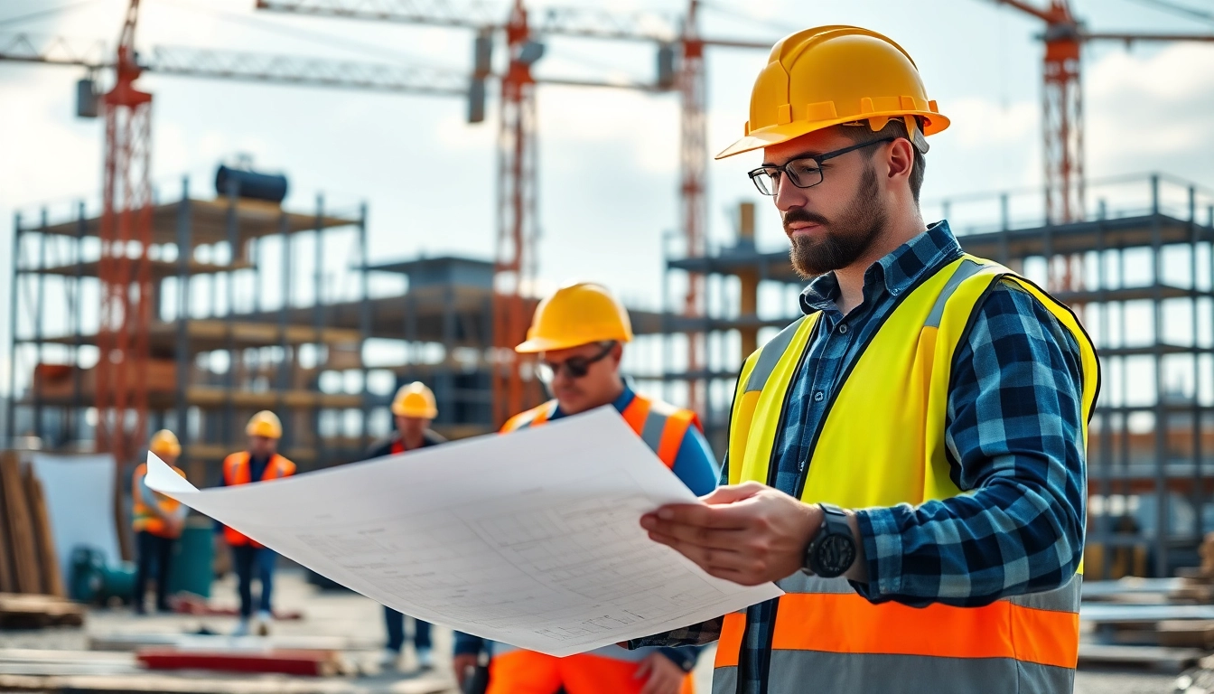 Construction career showcased by a worker analyzing plans amidst an active job site.