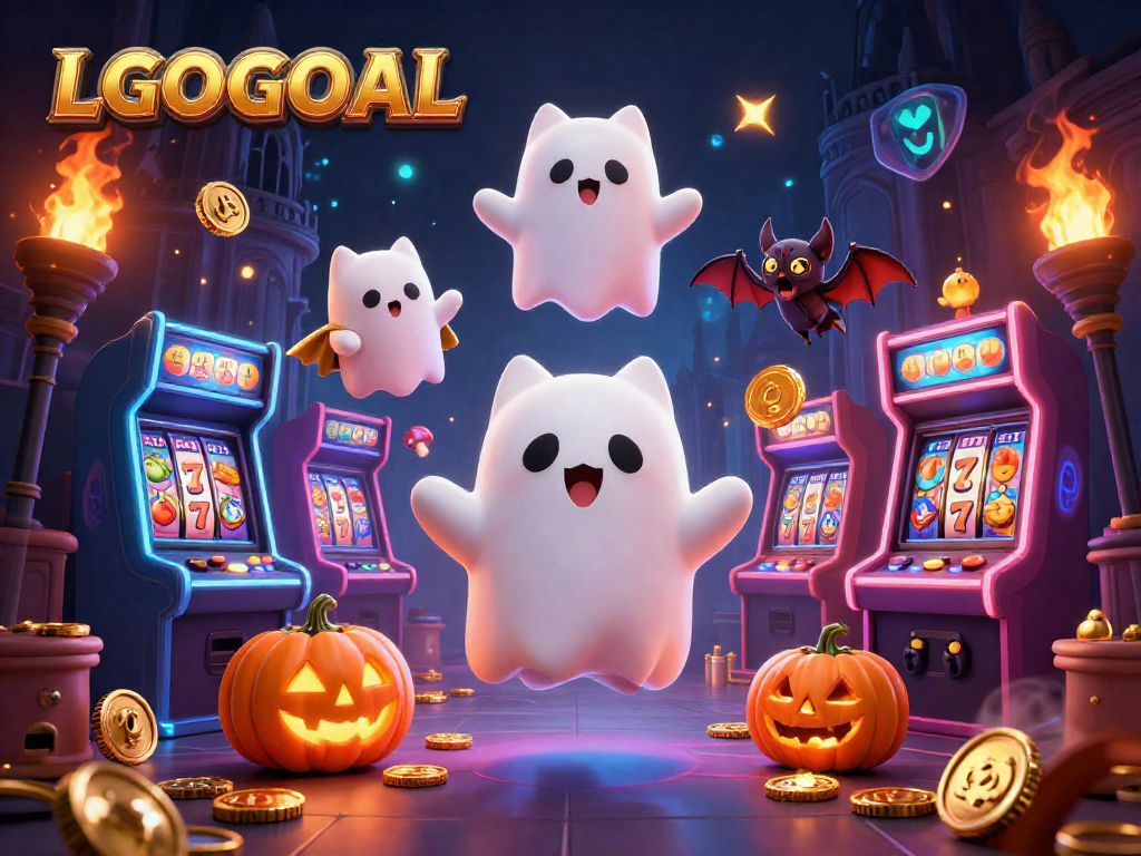 Engage with LGOGOAL's vibrant ghost cat in a haunted casino mansion amidst slot reels and golden accents.