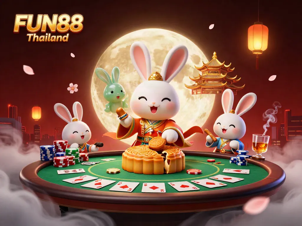 Experience the excitement of FUN88 Thailand with a vibrant 3D scene featuring a moon rabbit and poker elements.