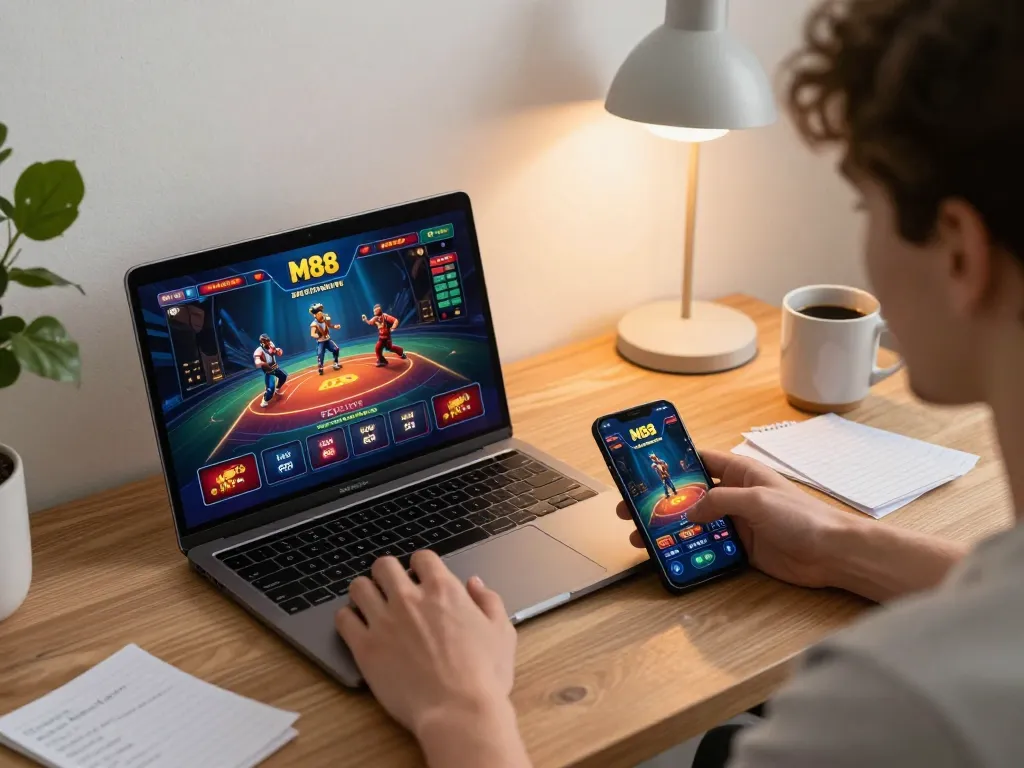 M88 online gaming setup with laptop and smartphone showing betting interface, representing engaging gambling experience