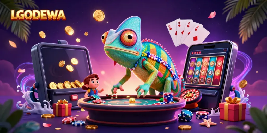 Engage with LGODEWA's vibrant casino world, featuring playful chameleons and exciting game elements.
