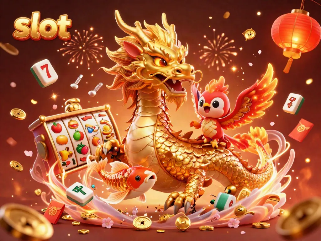 Experience thrilling slots with dynamic characters like a dragon and phoenix in an ultra-detailed casino scene.