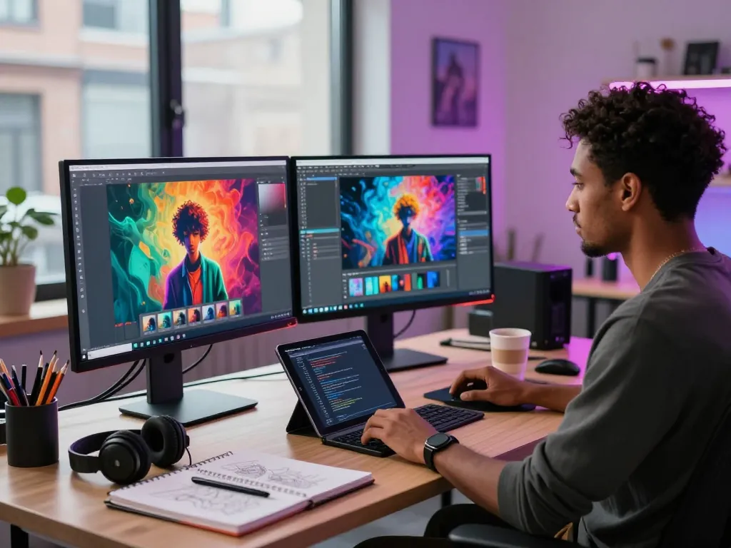 Creating AI porn art in a vibrant digital studio with monitors and artistic tools reflecting innovation.