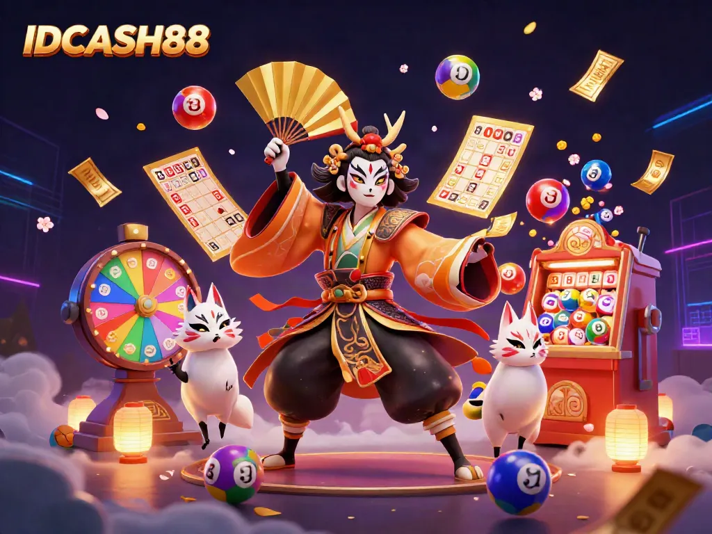 Experience the thrilling world of IDCASH88 with vibrant 3D characters and dynamic lottery game elements.