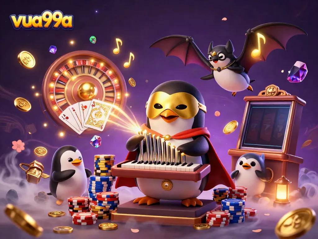 The vua99a platform showcases vivid characters like a penguin organist amidst a dynamic casino scene with gold coins and gems.