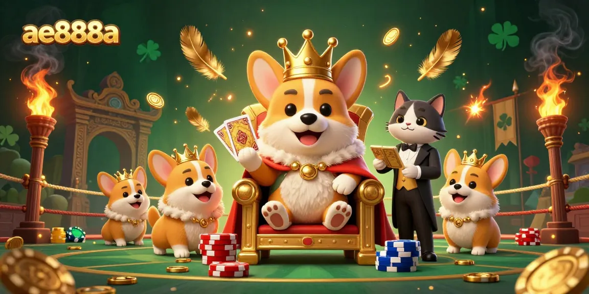 Experience epic cockfighting action with ae888a's vibrant 3D illustration showcasing a royal corgi king.