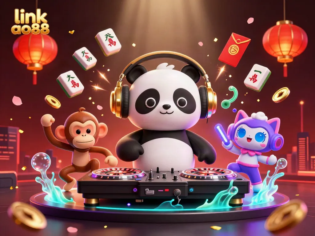 Engage with the vibrant scene of link ao88 featuring a DJ panda and a breakdancing monkey fueling an electric casino atmosphere.