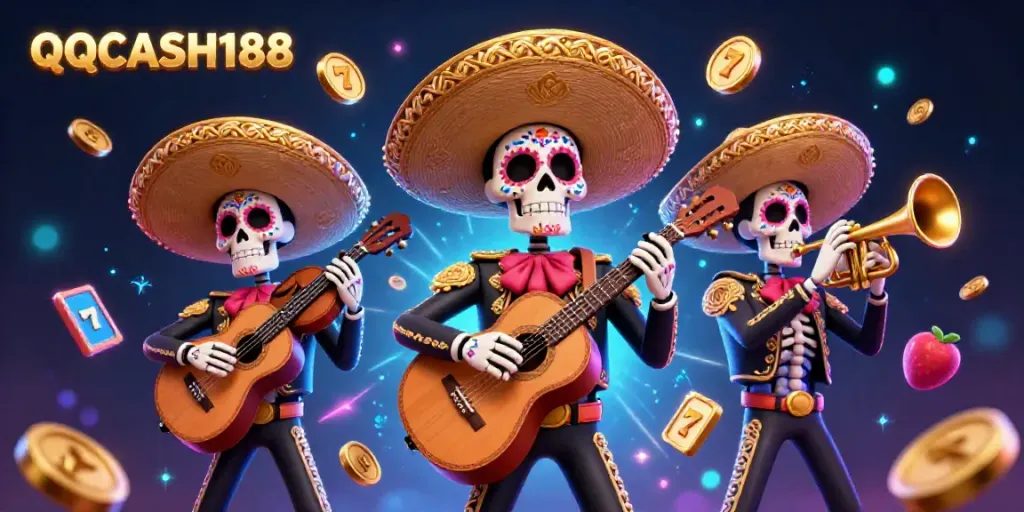Engage with QQCASH188 through vibrant Dia de los Muertos mariachi characters and exciting slot game elements.