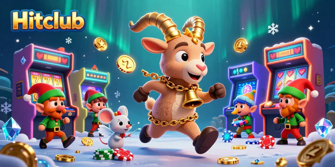 Hitclub showcases a festive casino scene with a Krampus goat, angel mouse, and elf gremlins in action.