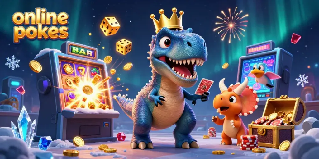 Engaging 3D illustration showcasing online pokies with a T-Rex dealing cards and a triceratops stacking chips amidst vibrant casino elements.
