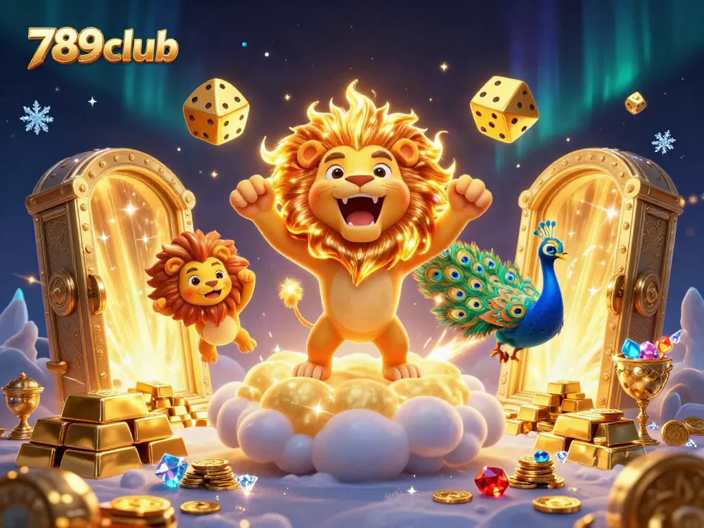 Join the excitement at 789club as a cosmic lion roars amidst gold riches and vibrant casino elements.