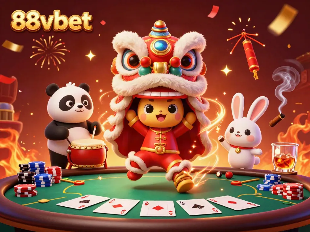 Experience thrilling action at 88vbet with a lively lion dance and vibrant casino elements.