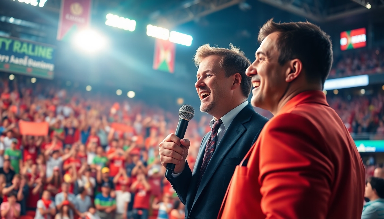 Engaging sports broadcasting scene with a lively stadium atmosphere.