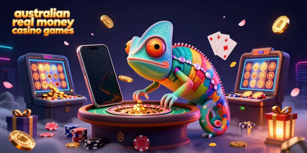 Engage with dynamic australian real money casino games featuring a vibrant chameleon casino owner and colorful slot games.