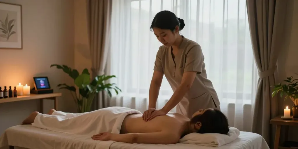 동탄출장안마 therapeutic massage session in a serene spa environment with calming ambiance and professional therapist.