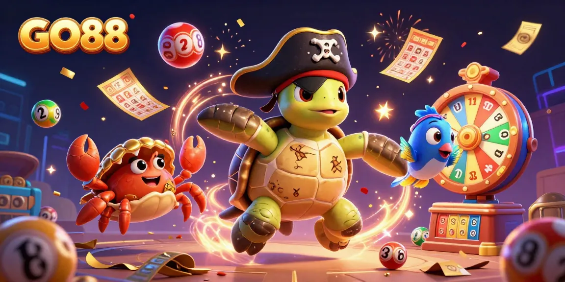 GO88 celebrates winning moments with vibrant, colorful lottery elements and cartoon characters.
