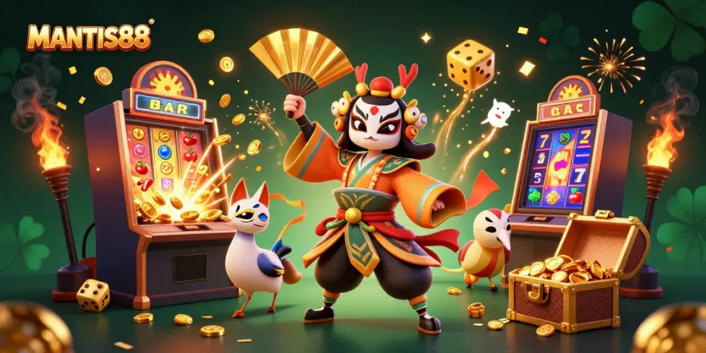 Experience the excitement of MANTIS88 with vibrant 3D characters and casino symbols bursting with action.