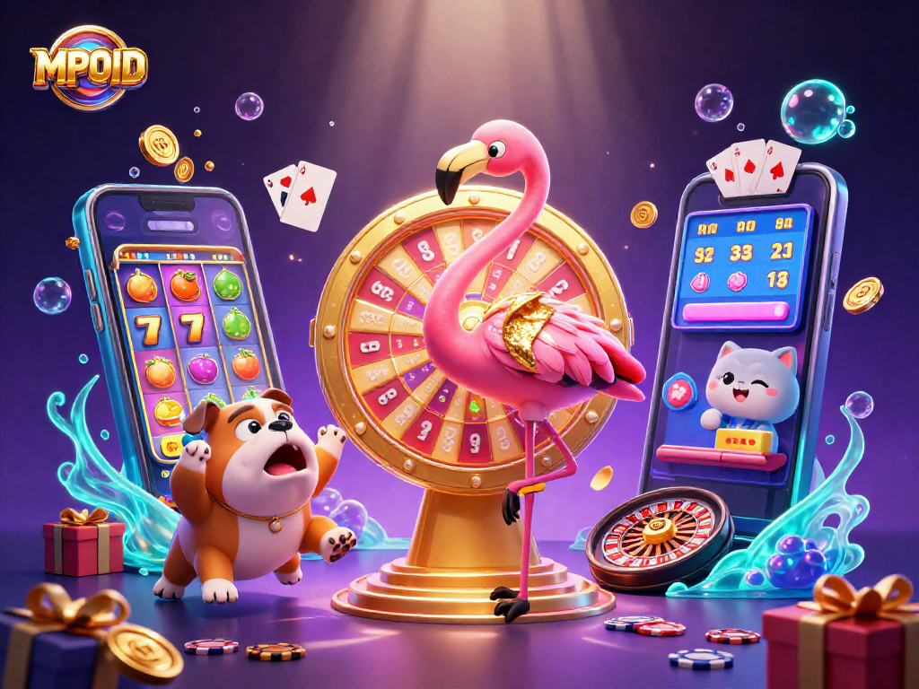 MPOID offers an exciting game show scene with vibrant characters and dynamic slot game elements, perfect for casino enthusiasts.