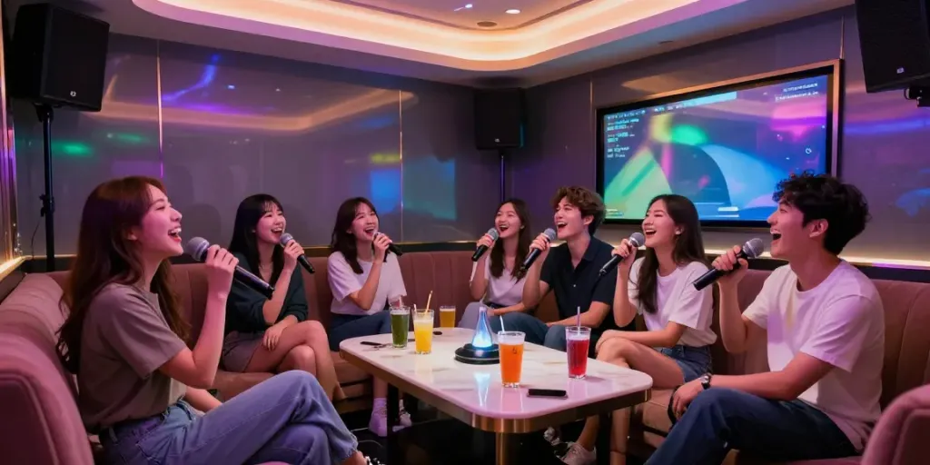 강남달토의 프리미엄 가라오케에서 즐거운 시간을 보내는 친구들.