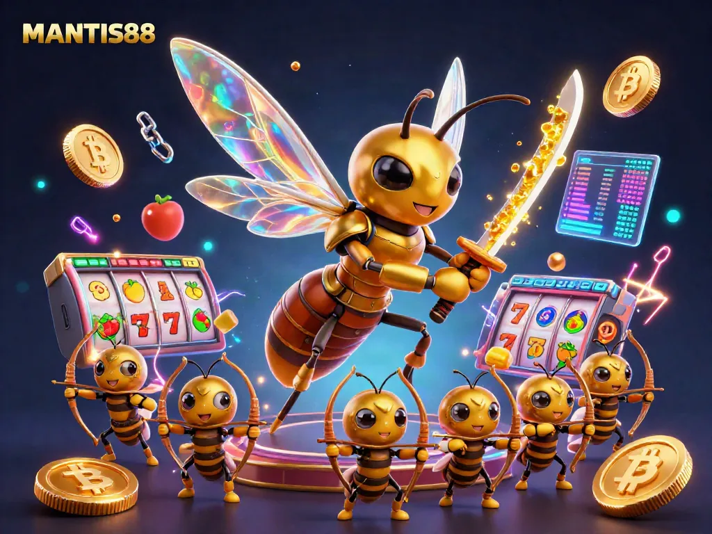 Experience winning with MANTIS88 in an engaging casino scene featuring a samurai hornet and bee archers.