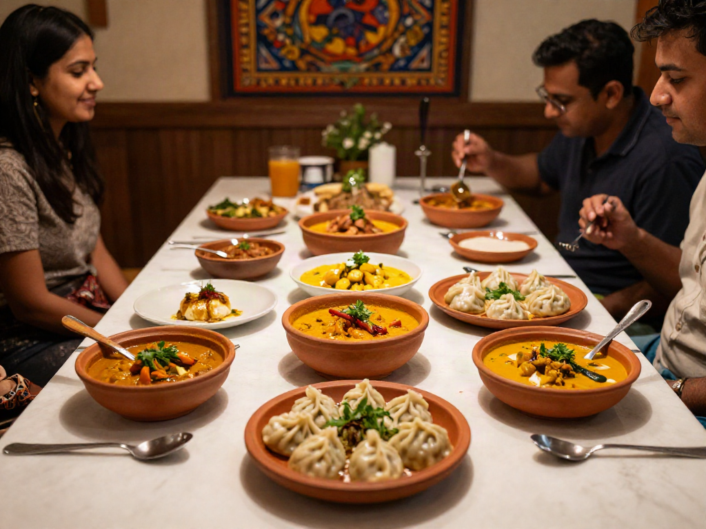 Delicious rokok88 curry and momo arrangement at a cozy Indian restaurant.