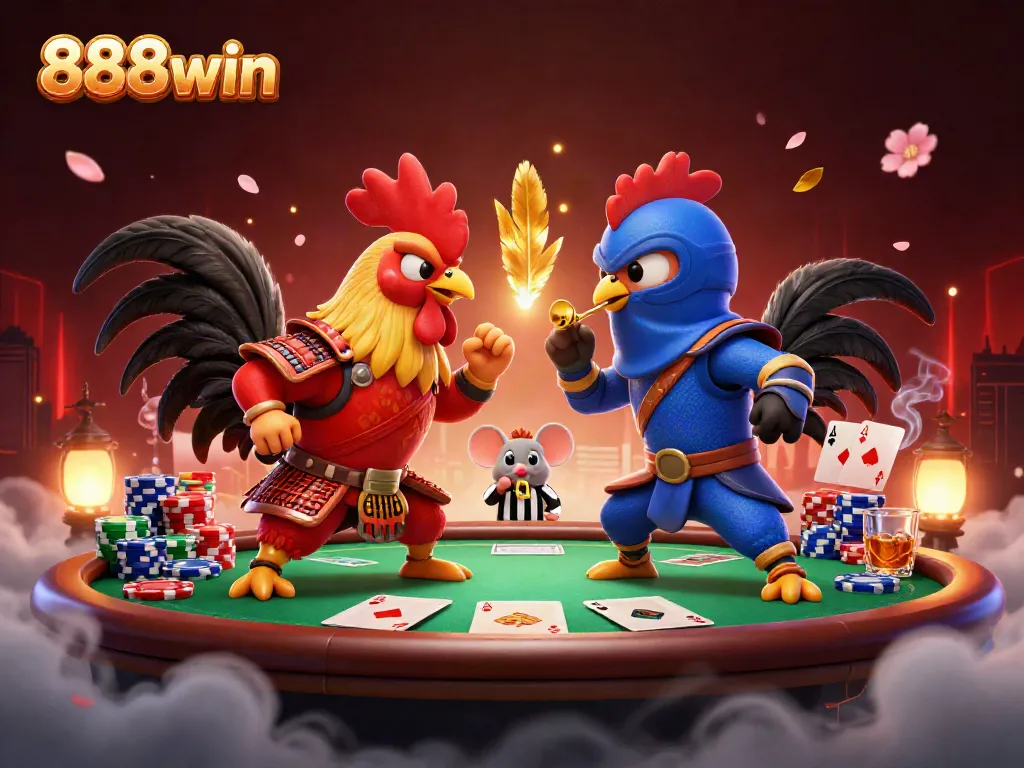 Engage in thrilling battles with 888win's samurai and ninja roosters amidst poker action.