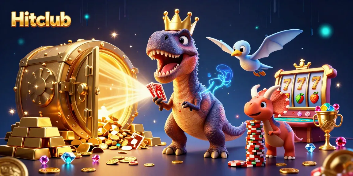 Hitclub captivates players with a thrilling casino adventure featuring a playful T-Rex and neon treasures.