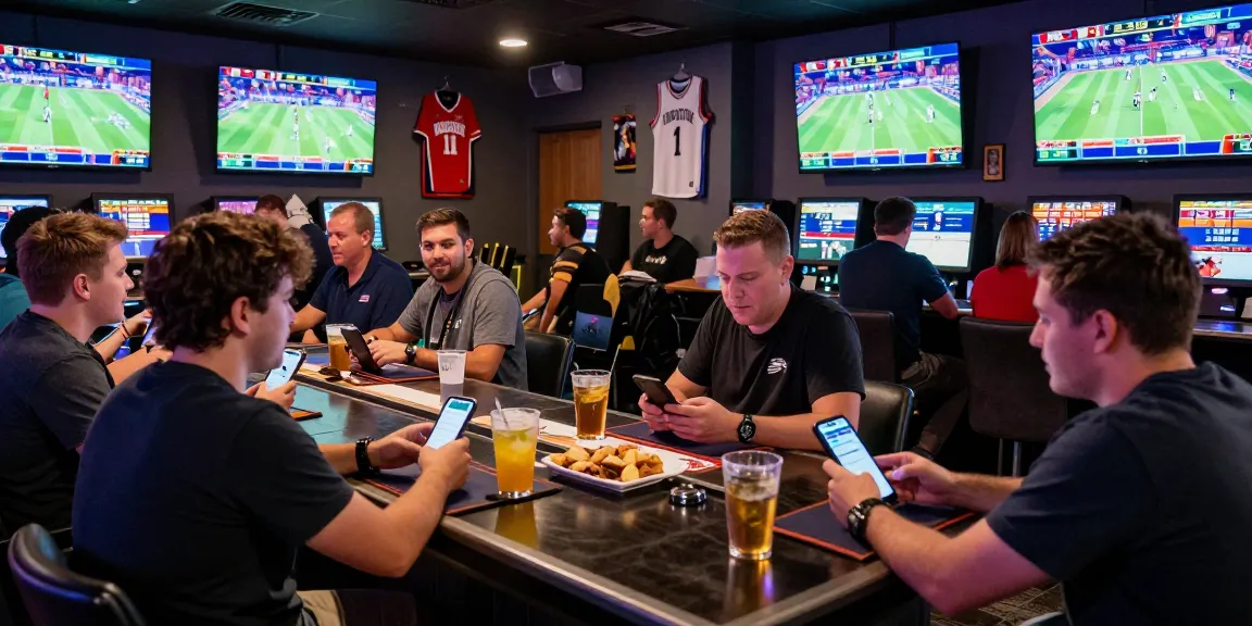 LUCK8 sports betting lounge with excited bettors watching live events and checking odds.