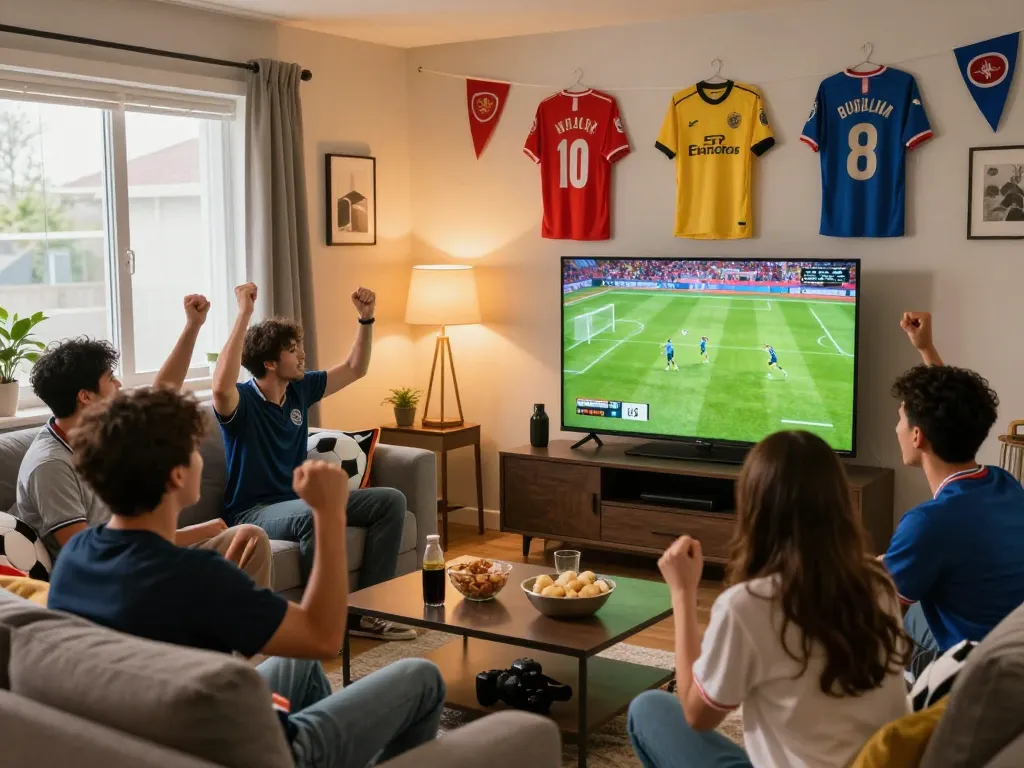Cheering friends enjoying trực tiếp bóng đá in a lively living room with football decor and snacks.