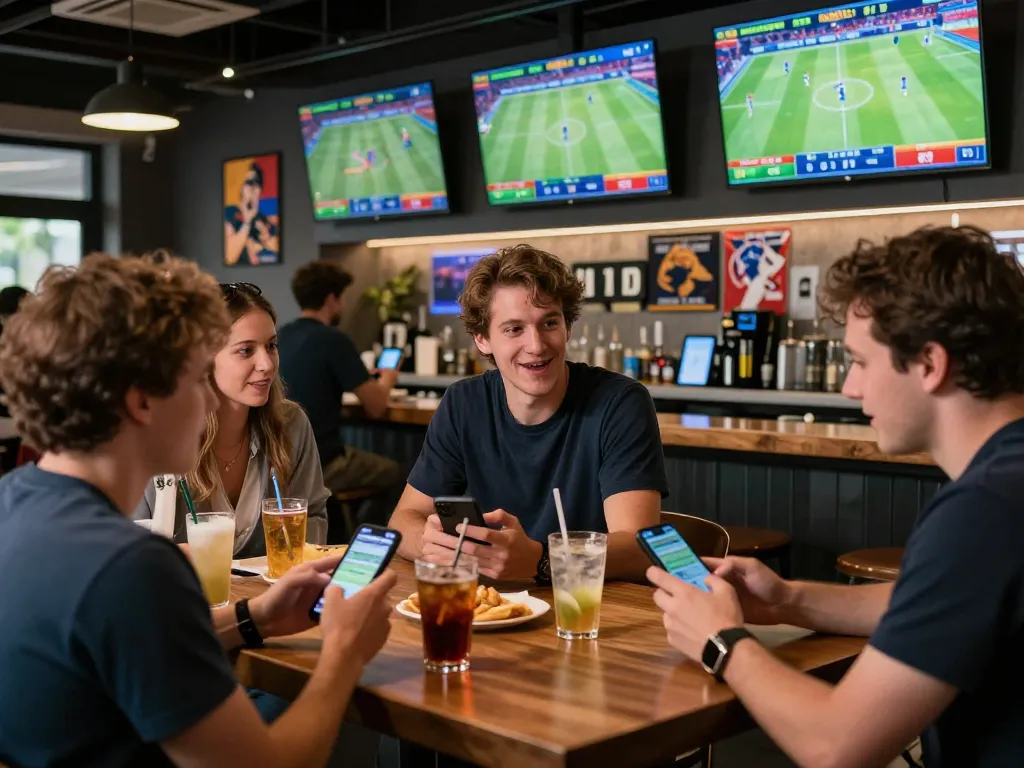 Kèo nhà cái showing enthusiastic bettors checking odds on their smartphones in a lively sports bar atmosphere.