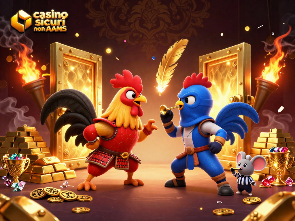 Giocatori di casino sicuri non AAMS affrontano sfide in un'arena di gioco luminosa e ricca di premi.
