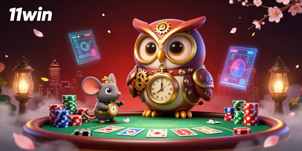 Experience the vibrant world of 11win with a cartoon owl and mouse in a dynamic casino scene.