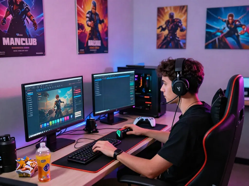 Engaged gamer immersed in the Manclub online gaming experience.