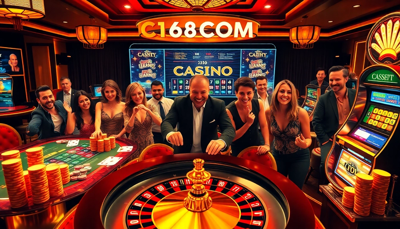 Exciting atmosphere at C168COM casino tables with roulette and poker players.