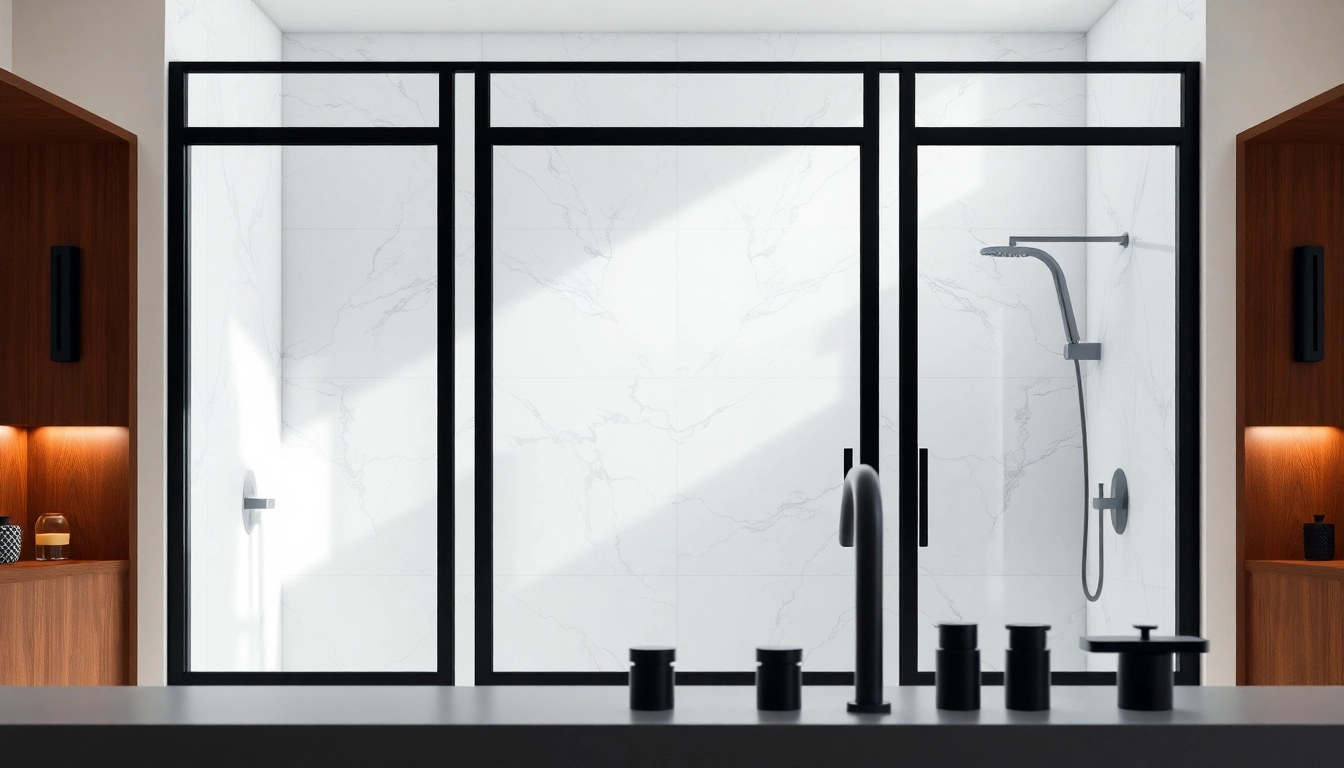 Stylish black frame shower doors enhancing a luxury bathroom design with elegant textures.