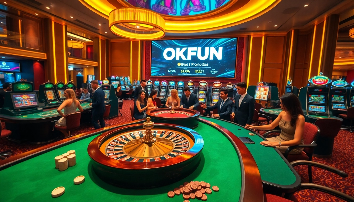 Experience thrilling casino action at OKFUN with elegant poker tables and vibrant slot machines.