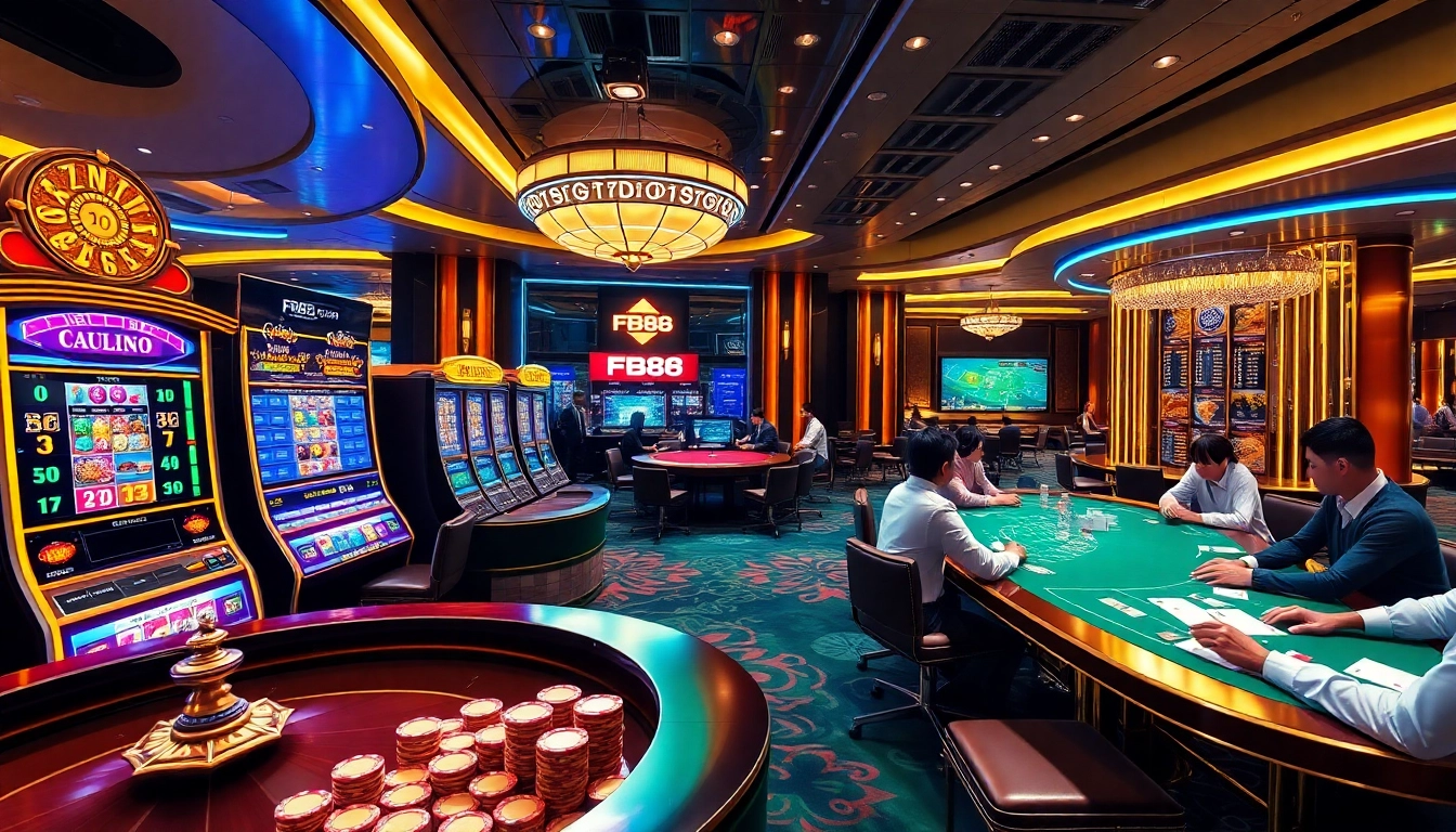 Players strategizing at FB88's modern online casino tables with vibrant slot machines.