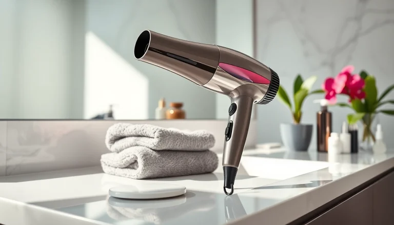 Stylish ionic blow dryer on a modern vanity, emphasizing its sleek design and features.