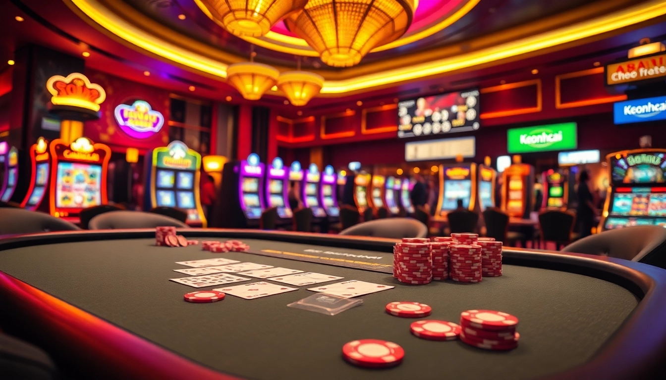 Experience thrilling poker action and exciting odds with Keonhacai in a luxurious casino setting.