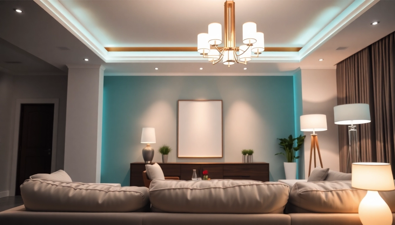 Shop ModernLighting featuring elegant fixtures and a cozy living room setting.