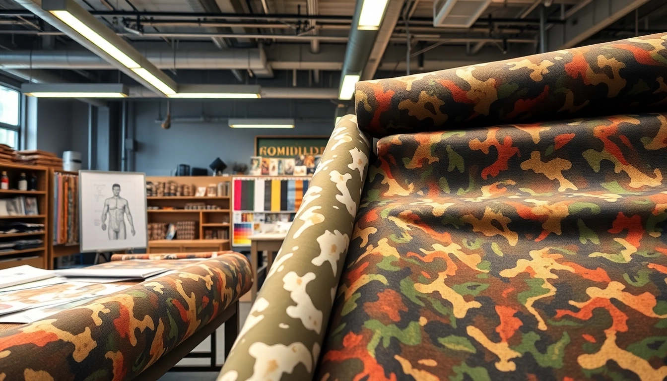 Bekijk verschillende camouflage stoffen in een moderne textielwerkplaats met levendige kleuren.