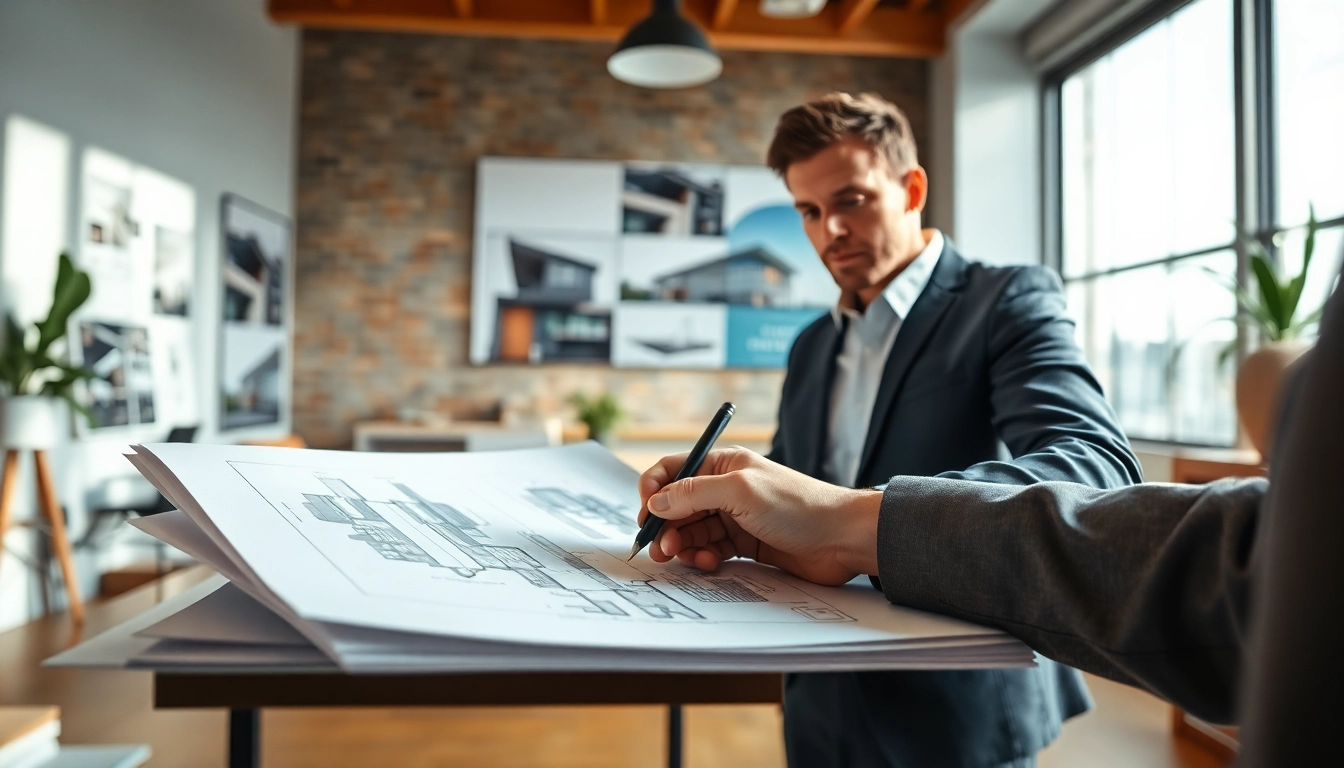 Contact residential architect Boston discussing design plans in a modern office.